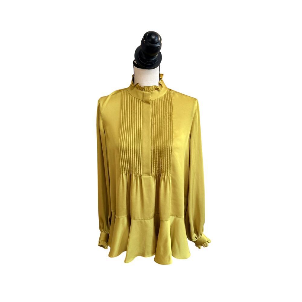Lafayette 148 New York Women's Small Chartreuse Yellow Pintuck Top Blouse NWOT